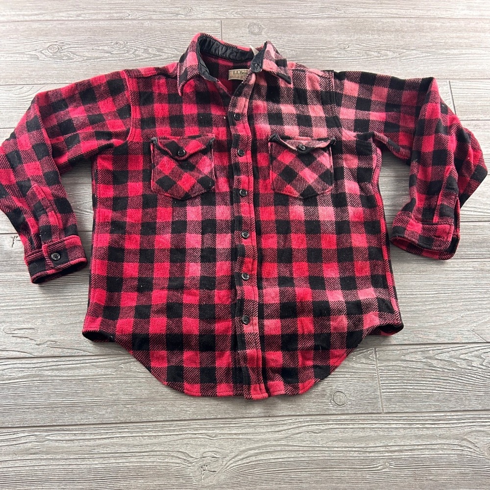 LL Bean Maine Guide Shirt Mens Red Black Buffalo Plaid Wool Blend Button Up VTG